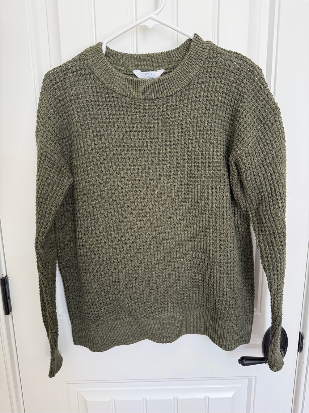 Time and Tru Olive Waffle-Knit Crewneck Sweater